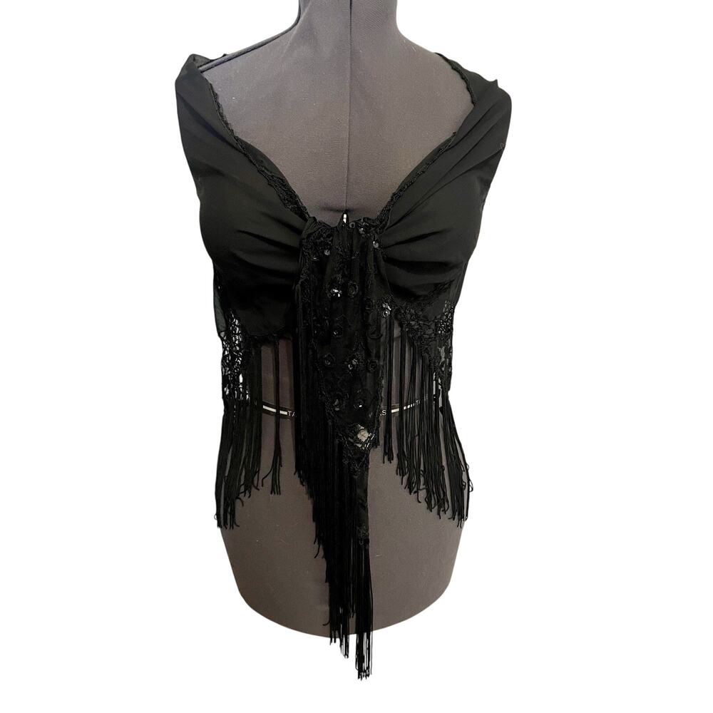 Black Fringe Sequin Lace Shawl Wrap Boho Hippie Fringe Artsy Indie Festival Glam